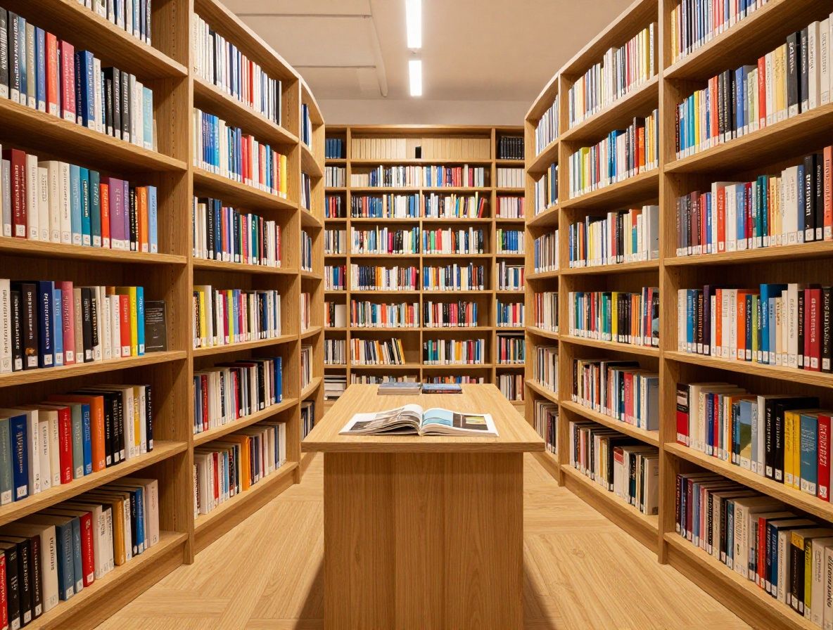 Světlá moderní knihovna s dřevěnými policemi plnými knih, stolem s otevřenými vědeckými publikacemi a ranním světlem z vysokého okna — symbol znalostí a vzdělání