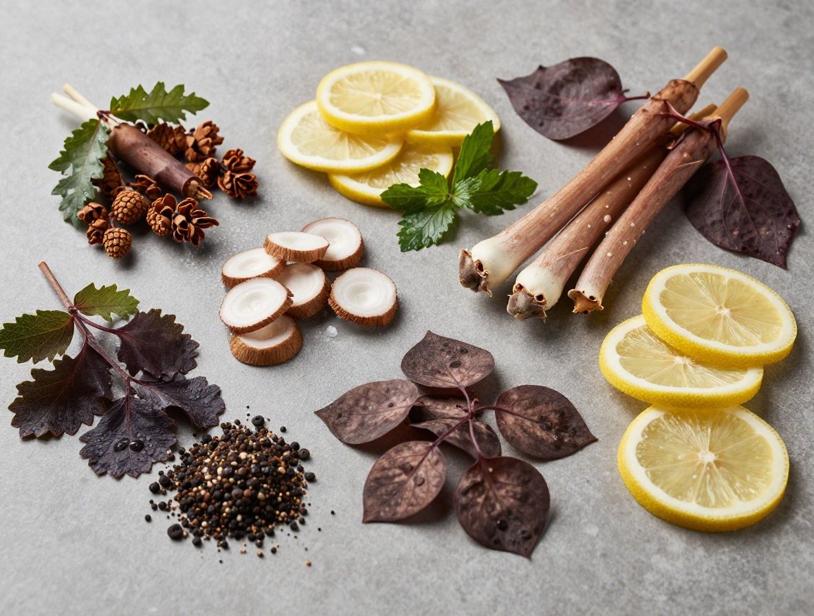 Makro záběr na čerstvé bylinky — rozmarýn, tymián a máta na kamenné desce s kapkami vody, vědecký kontext zkoumání přírodních ingrediencí