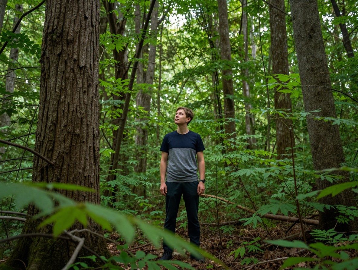 Abstraktní světelné paprsky pronikající skrze zelené listí lesa, symbolizující životní energii a přirozené světlo