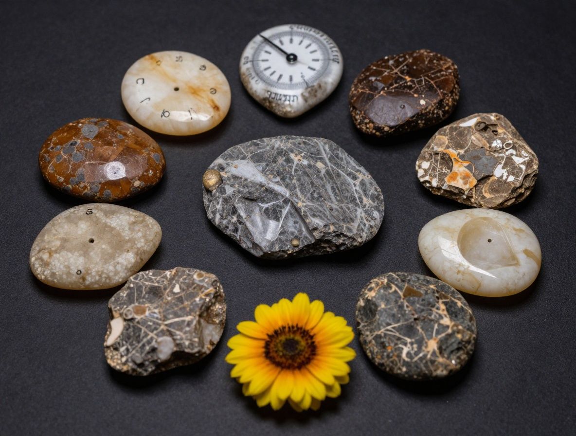 Různobarevné přírodní minerální kameny a krystaly na bílém výzkumném pozadí s vědeckými štítky a měřítkem