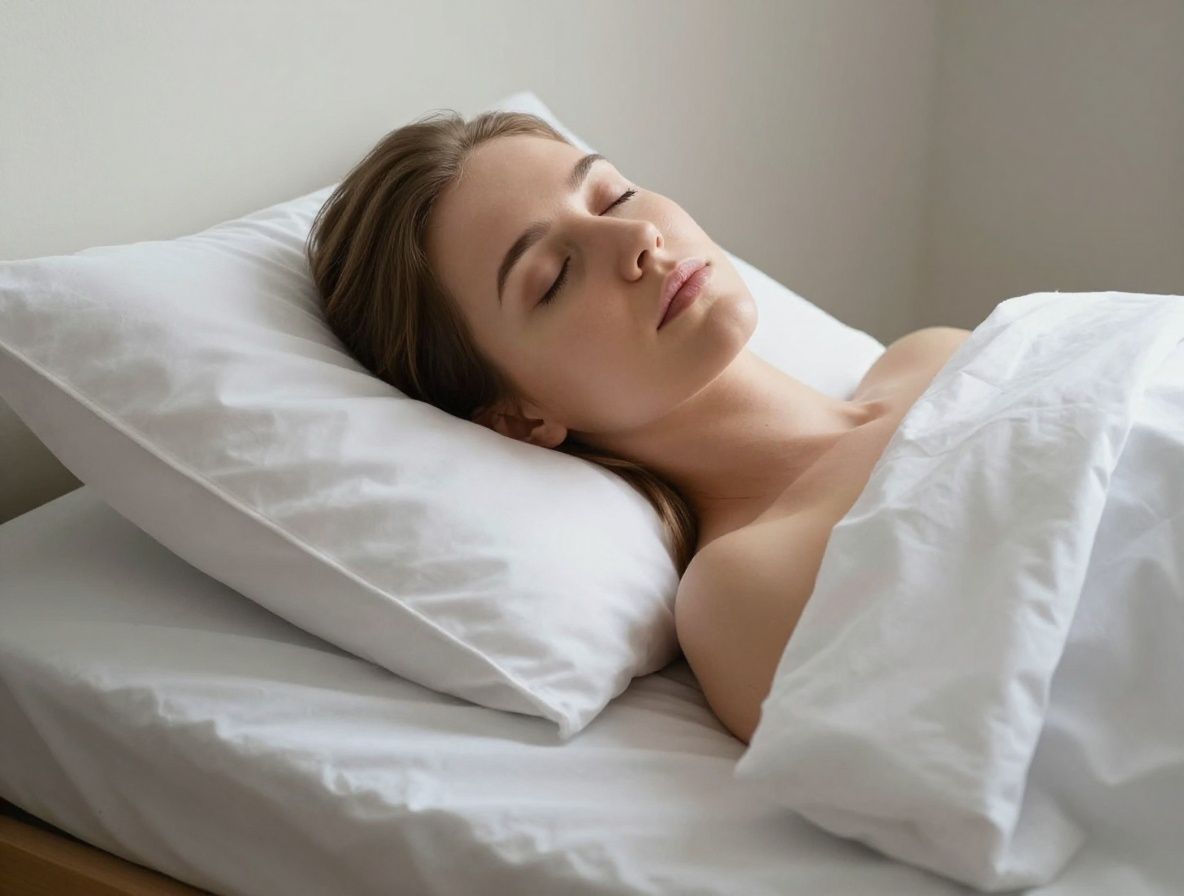 Klidná ložnice s přirozeným ranním světlem pronikajícím oknem, bílé ložní prádlo symbolizující regeneraci a kvalitní spánek