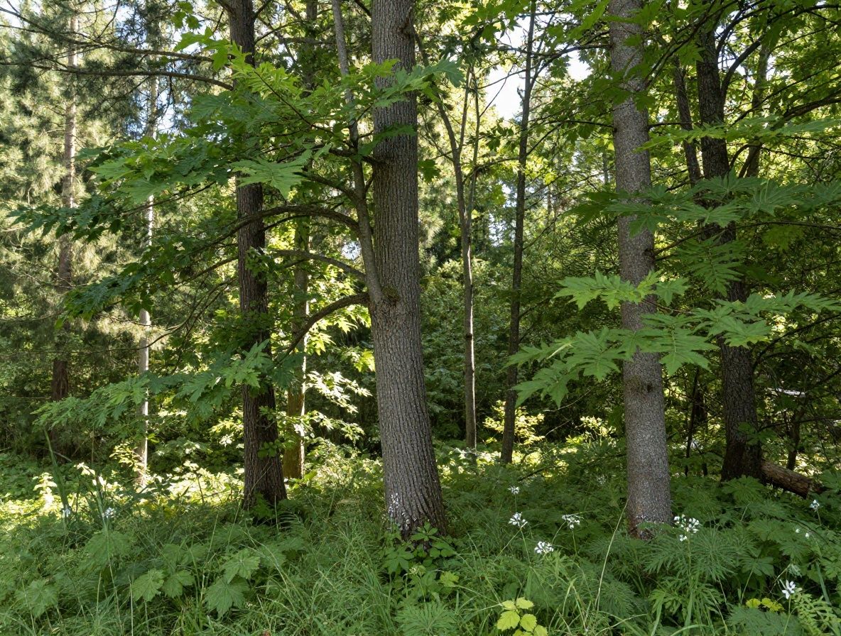 Klidná příroda s ranním světlem pronikajícím mezi stromy, symbolizující energii a rovnováhu přírody